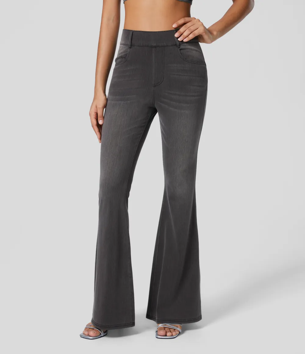 Magic High Waisted Multiple Pockets Stretchy Knit Denim Work Full Length Flare Leggings
