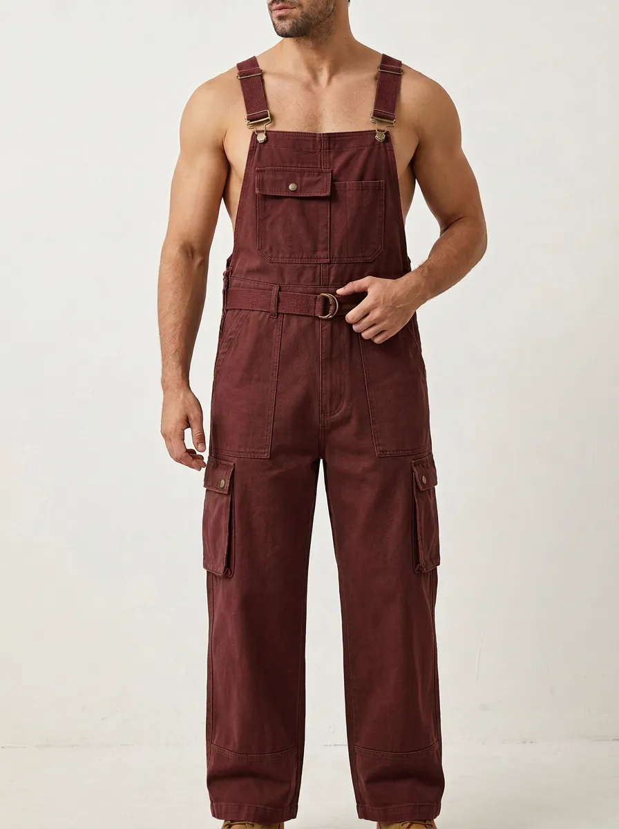 Men's Army Green Cargo Utility Bib Overalls