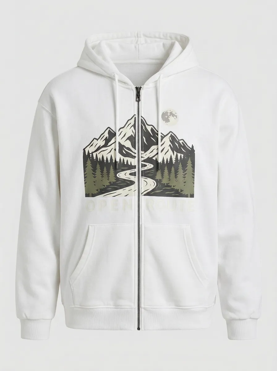 Unisex Outdoor Adventure Mountain Moon Printed Zip Hoodie