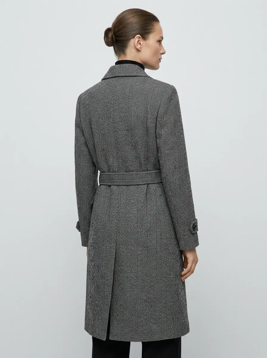 Refined Belted Herringbone Wool Coat