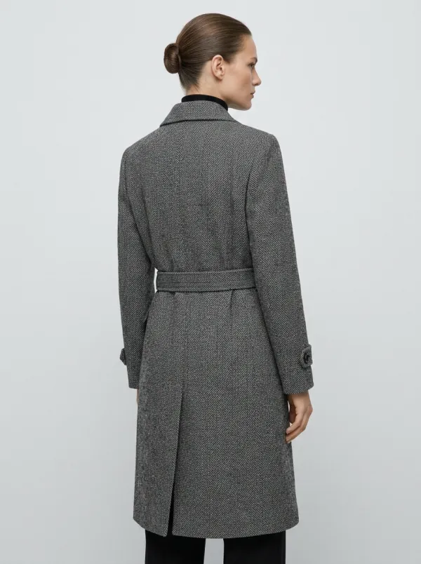 Refined Belted Herringbone Wool Coat