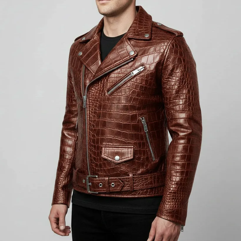 Classic Cowhide Biker Motorcycle Embossed Jacket