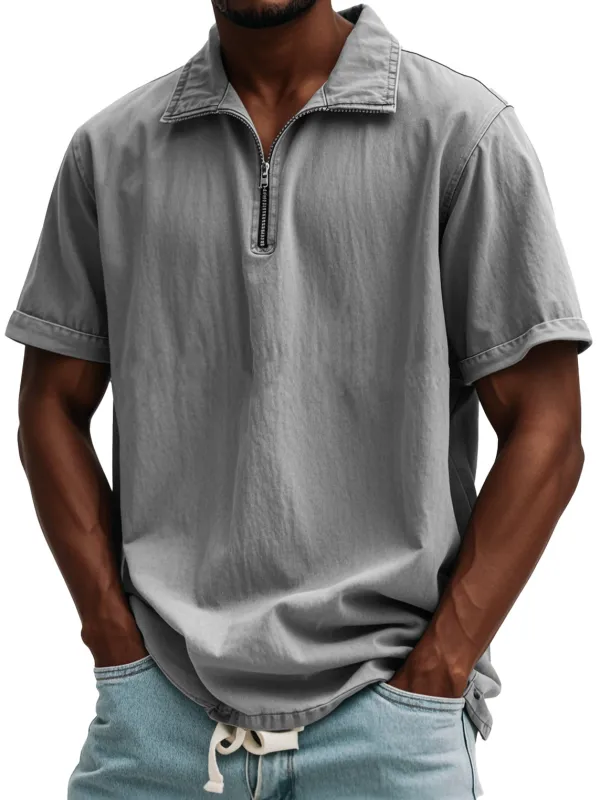 Relaxed Short Sleeve Stand Collar Zip Front Shirt