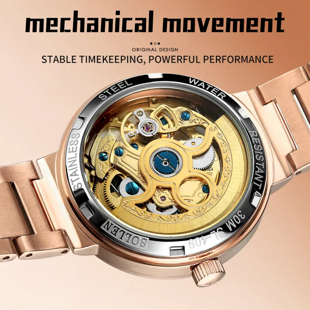 Sollen SL409 Women's Minimalist Automatic Mechanical Watch - 34mm Crystal Bezel Sandblasted Dial Stainless Steel Bracelet Wristwatch
