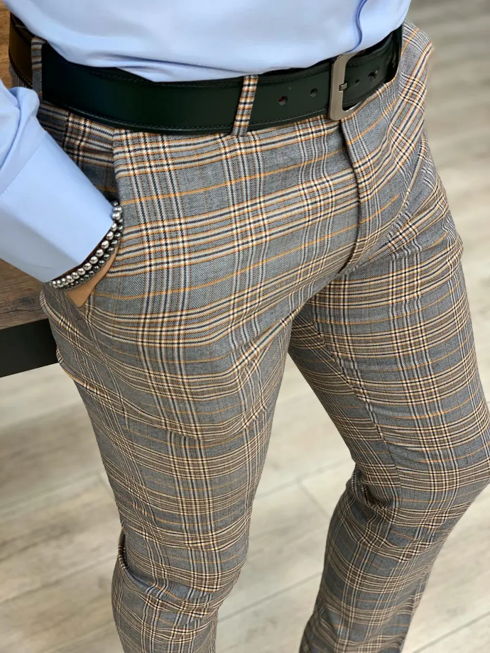 Refined Contemporary Slim Fit Plaid Tailored Trousers