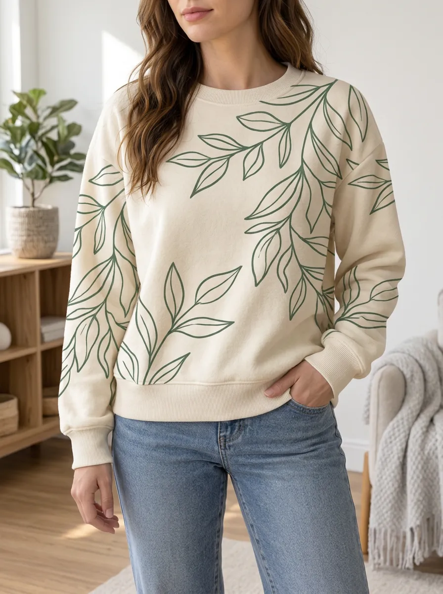 Women's Leaf Print Crewneck Sweatshirt Crew Neck