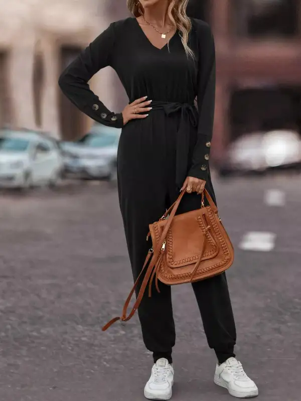 V Neck Long Sleeve Tie Waist Jumpsuit