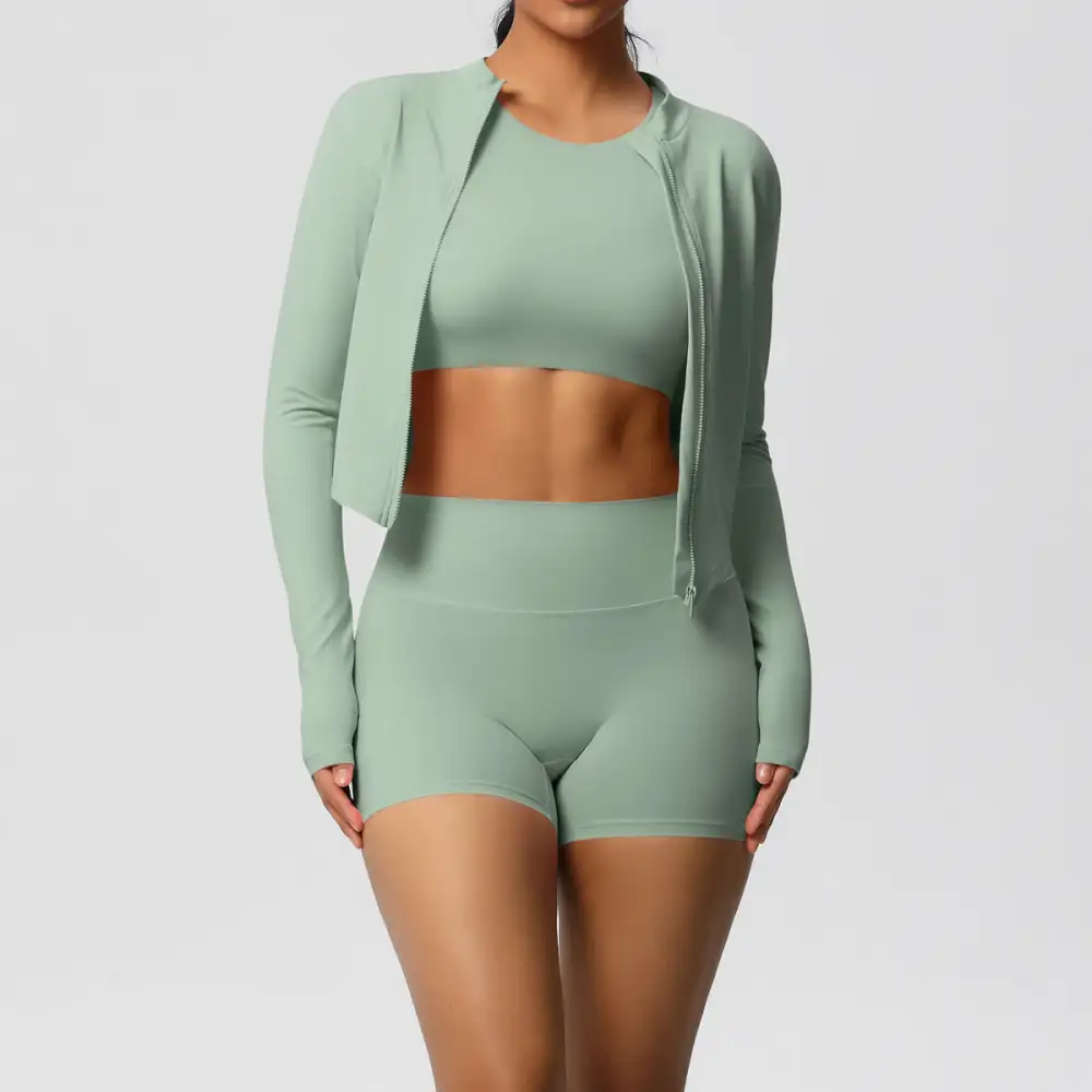 Zip-Front Long-Sleeve Jacket, Bra and Shorts Active Set
