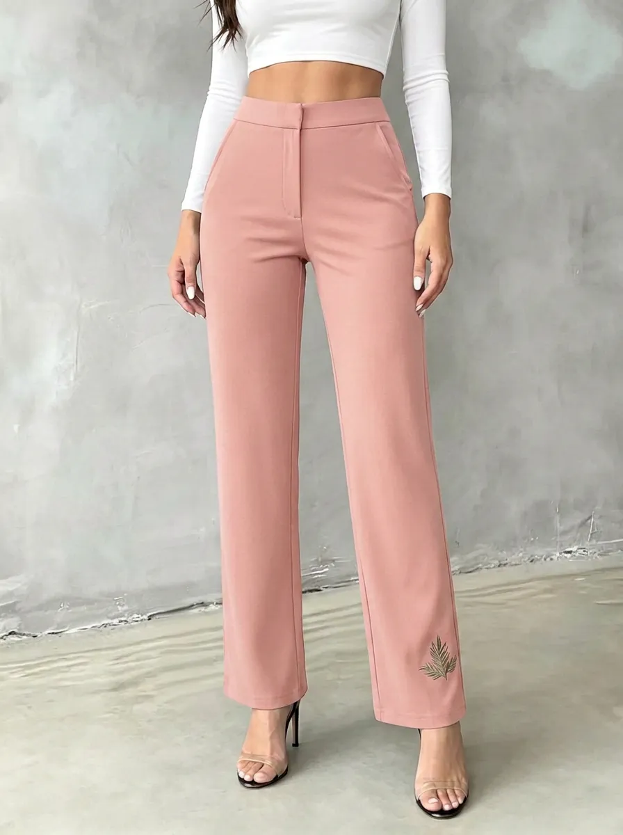 Women's Classic Comfort Fern Leaf Printed Mid Rise Straight Leg Pants