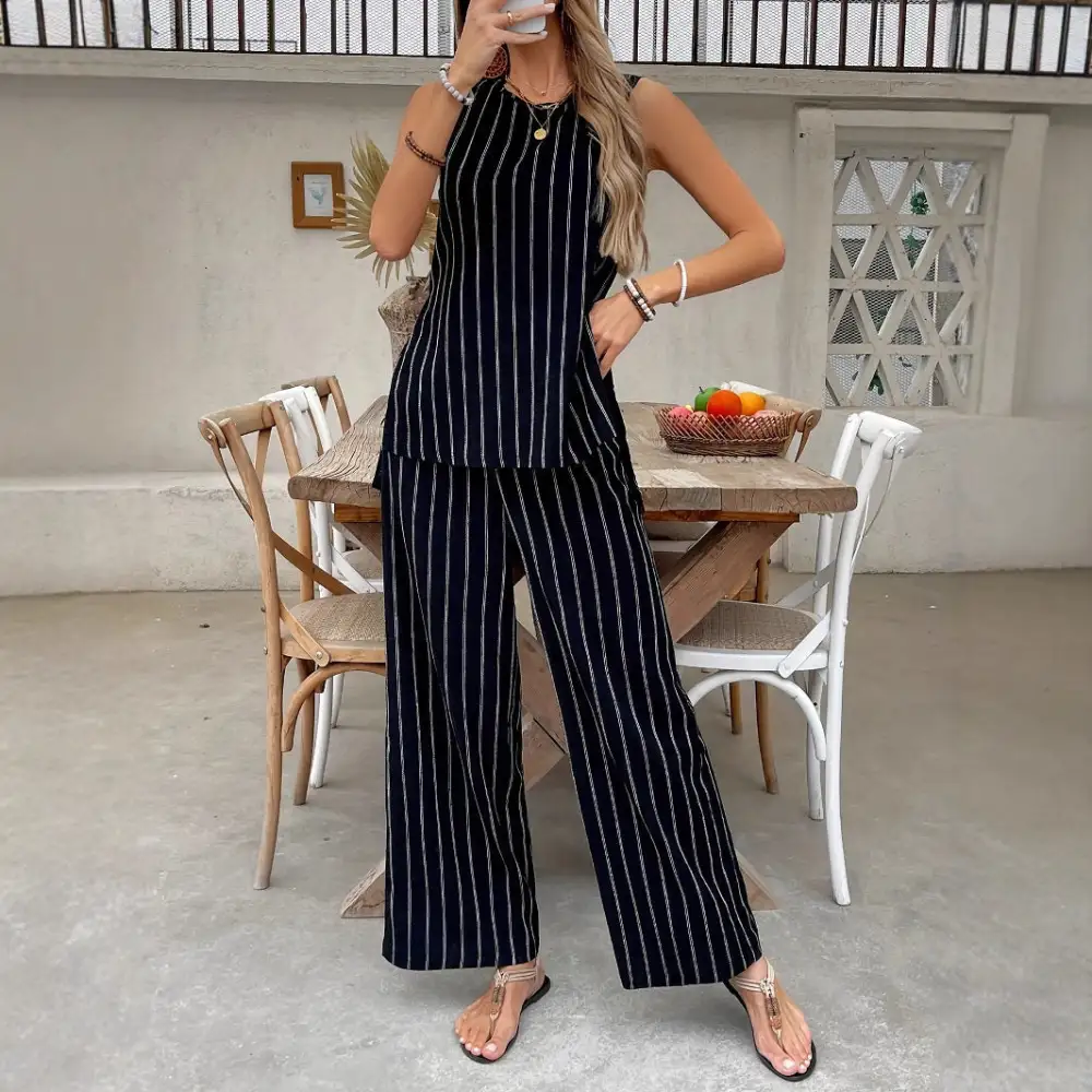 Soft Striped Vest Wide Leg Pants Set