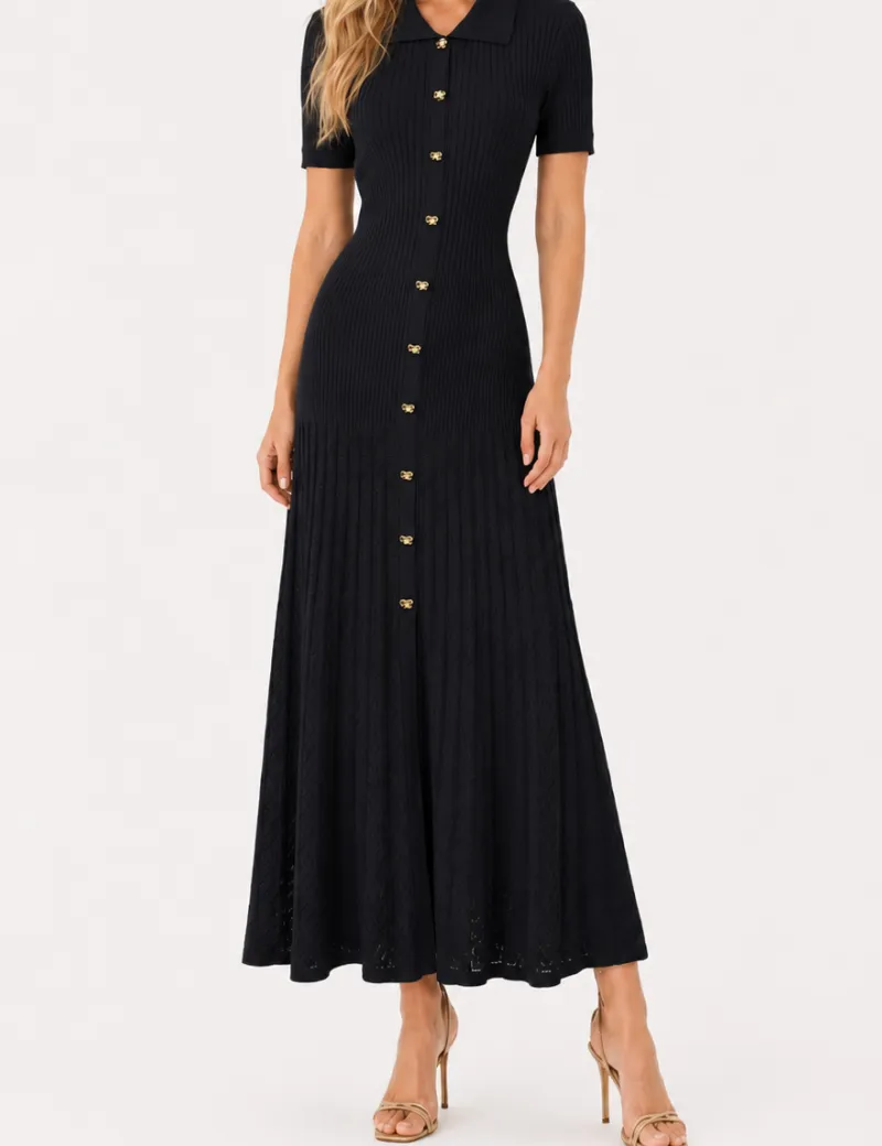 Chic Ribbed Polo Collar Short Sleeves Maxi Dress