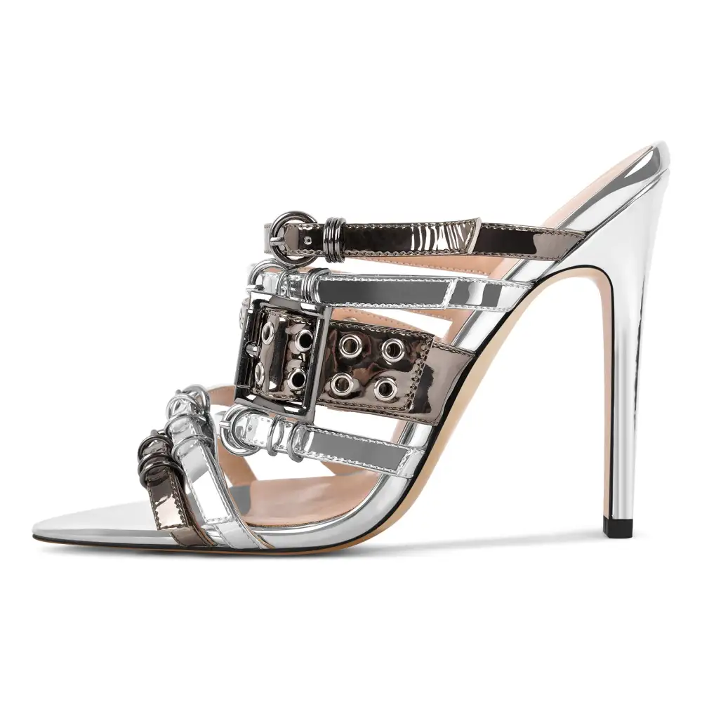 Denim Pointed Toe Buckle Strap Mule Sandals