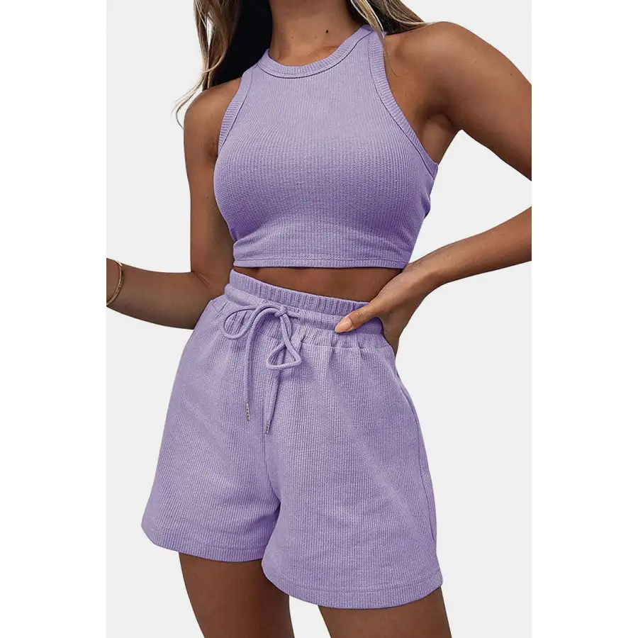 Relaxed Round Neck Top and Drawstring Shorts Set