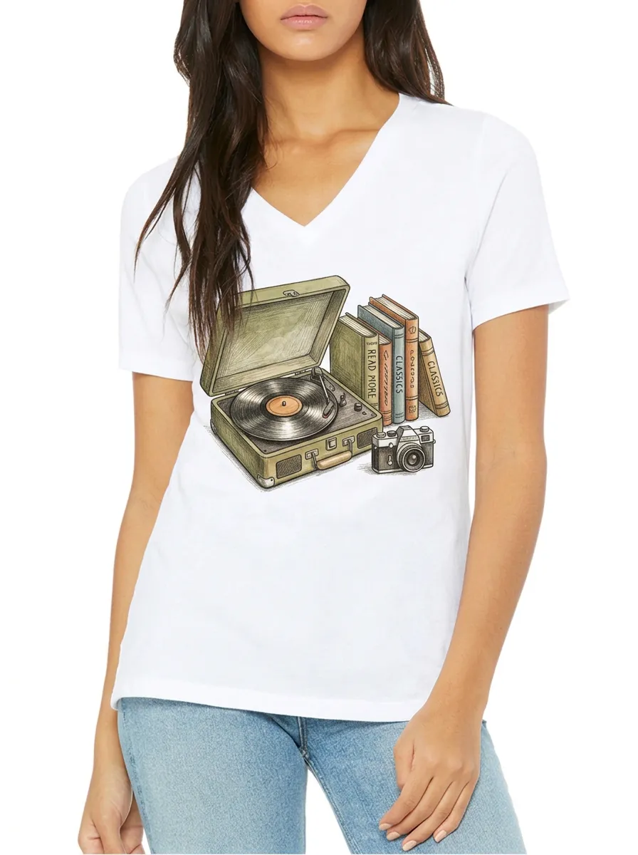 Women's Book Lover Retro Record Player Camera Printed V-neck T-shirt