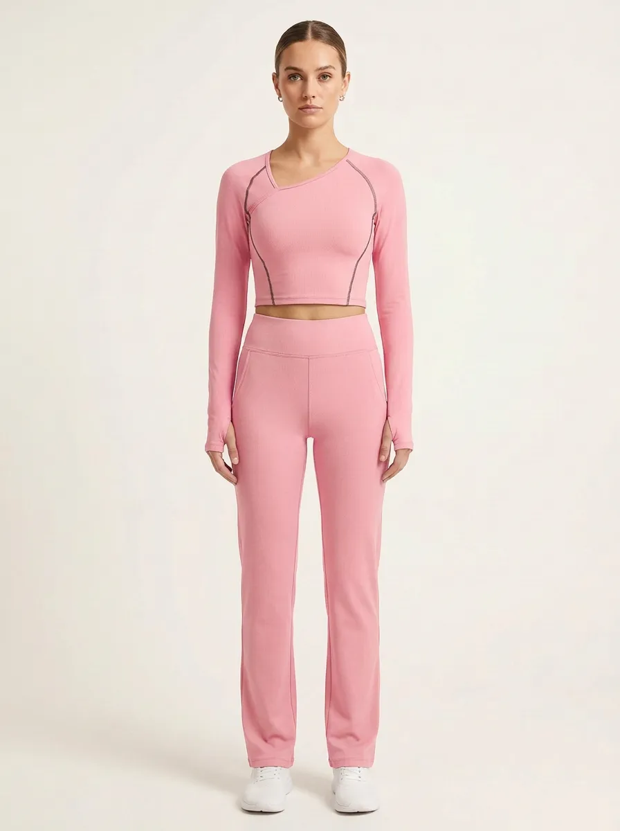 Women's Asymmetric Thumbhole Crop Top and Straight-Leg Legging Set