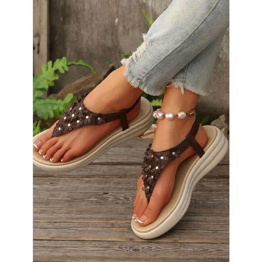 Studded T Strap Wedge Sandals