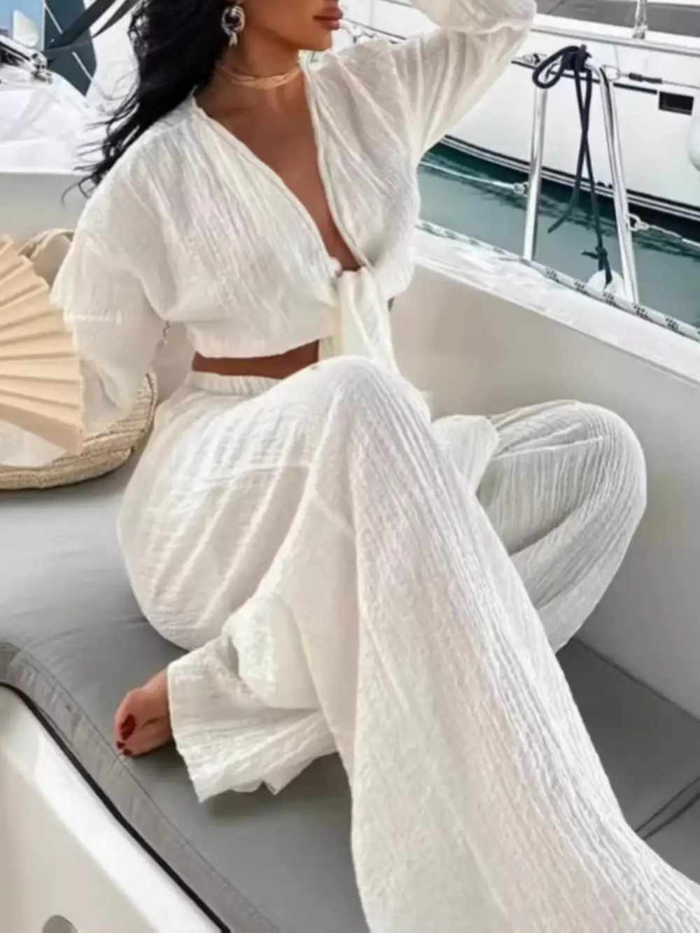 Textured Tie Front Crop Top and Wide Leg Pants Set