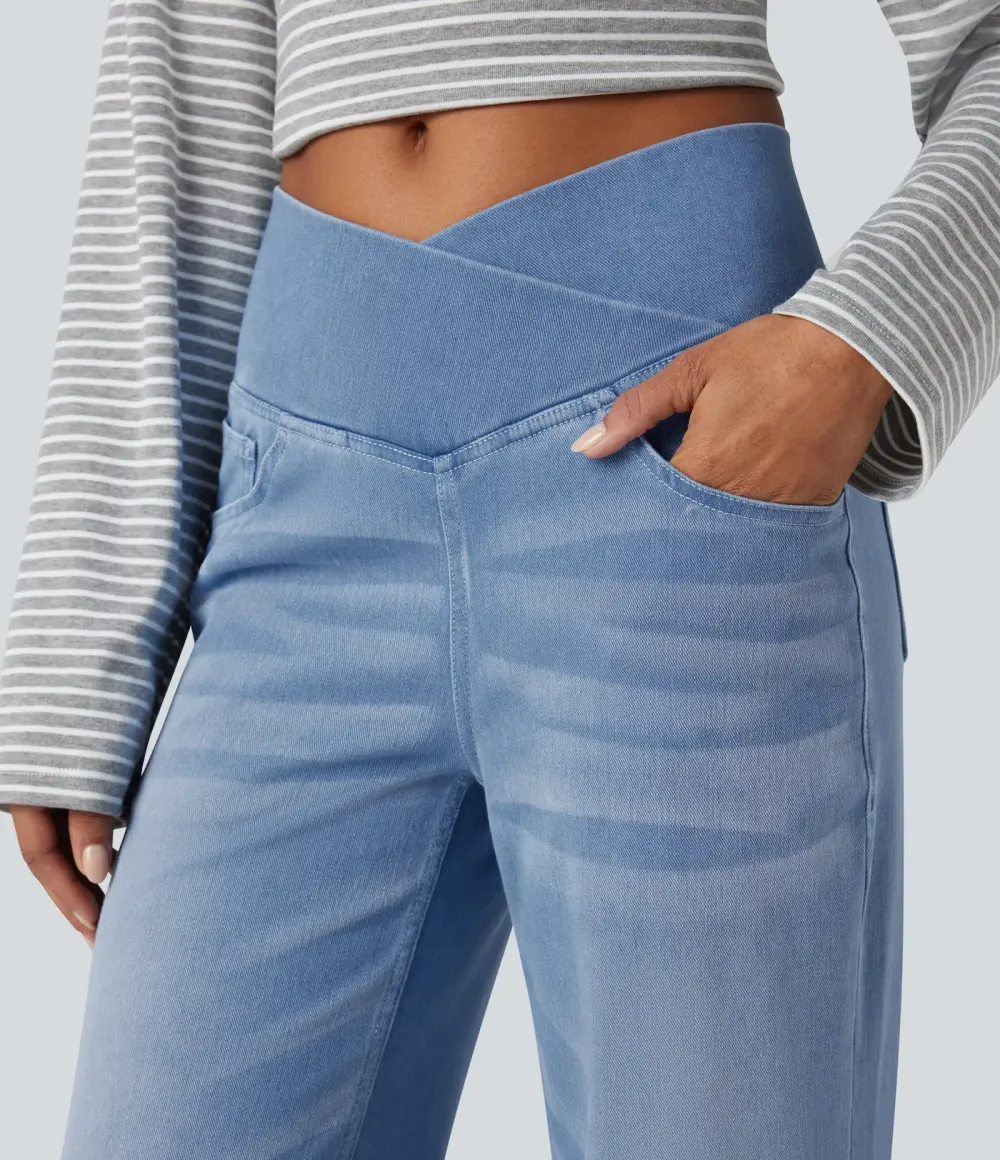 High-waisted, relaxed, crossover straight-leg jeans with  pockets