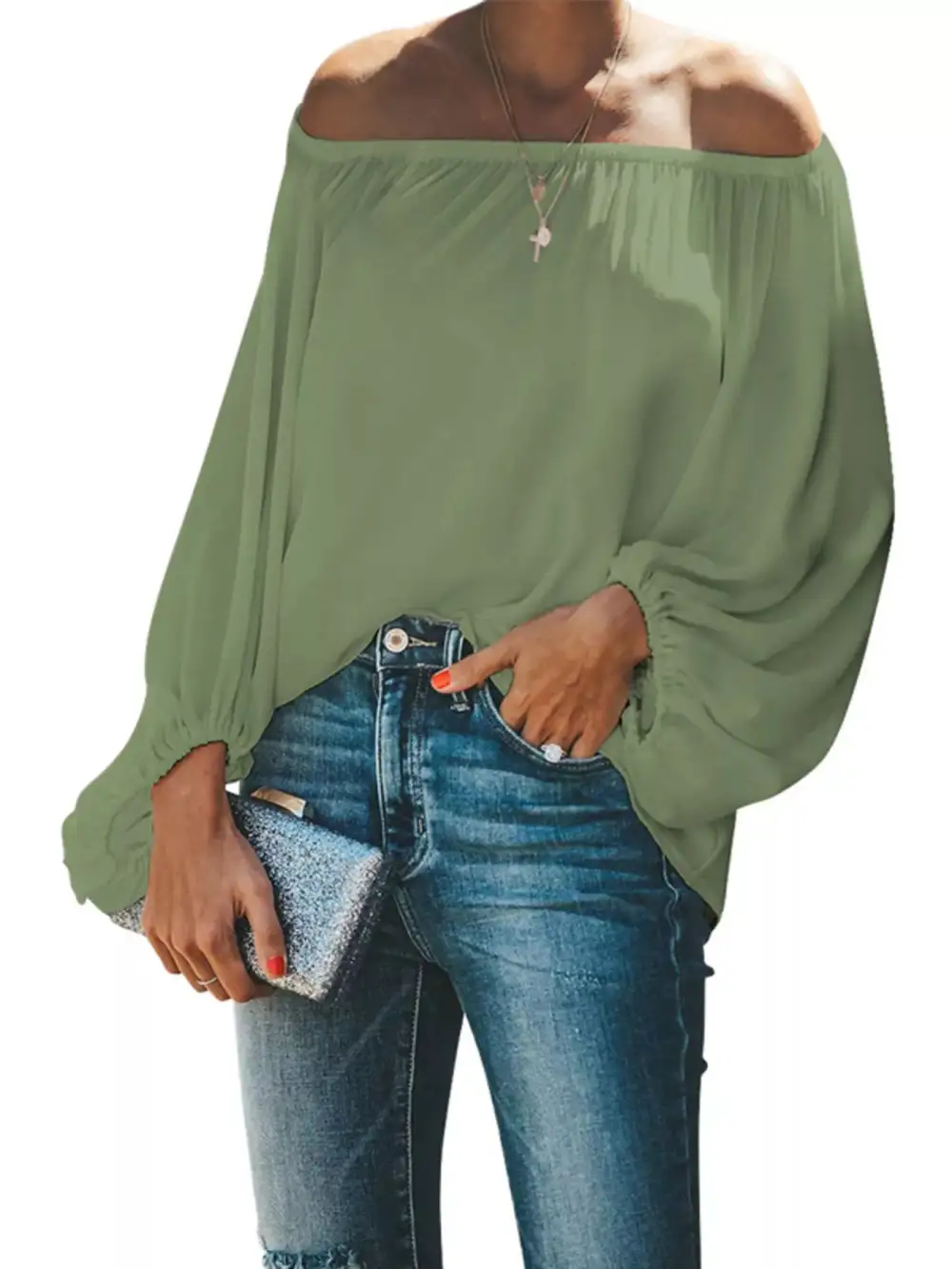 Shoulder Balloon Sleeve Blouse Plus