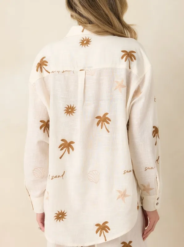Light Beige Coastal Embroidered Button-Down Top