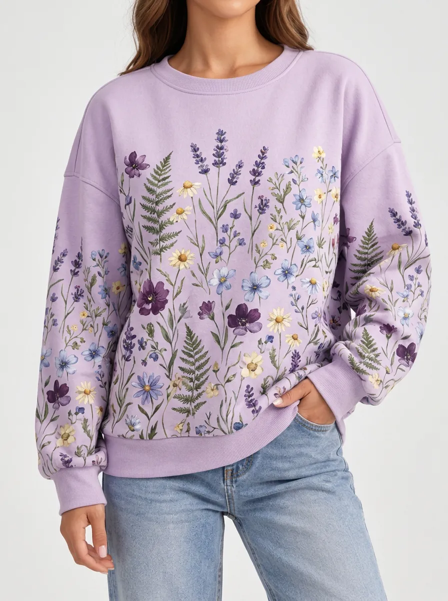 Women's Soft Style Lavender Printed Crewneck