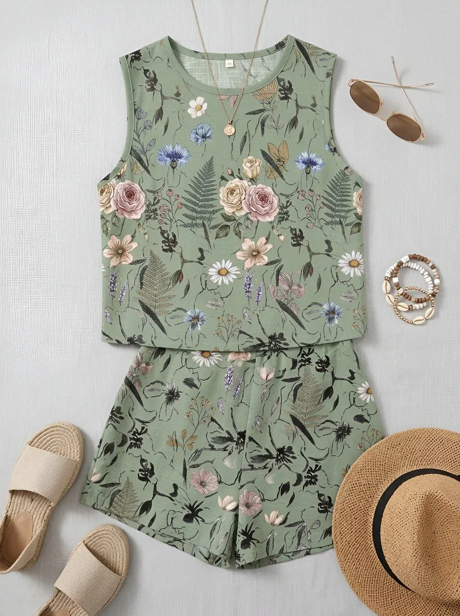 Women's Botanical Garden Floral Printed Sleeveless Shorts Set