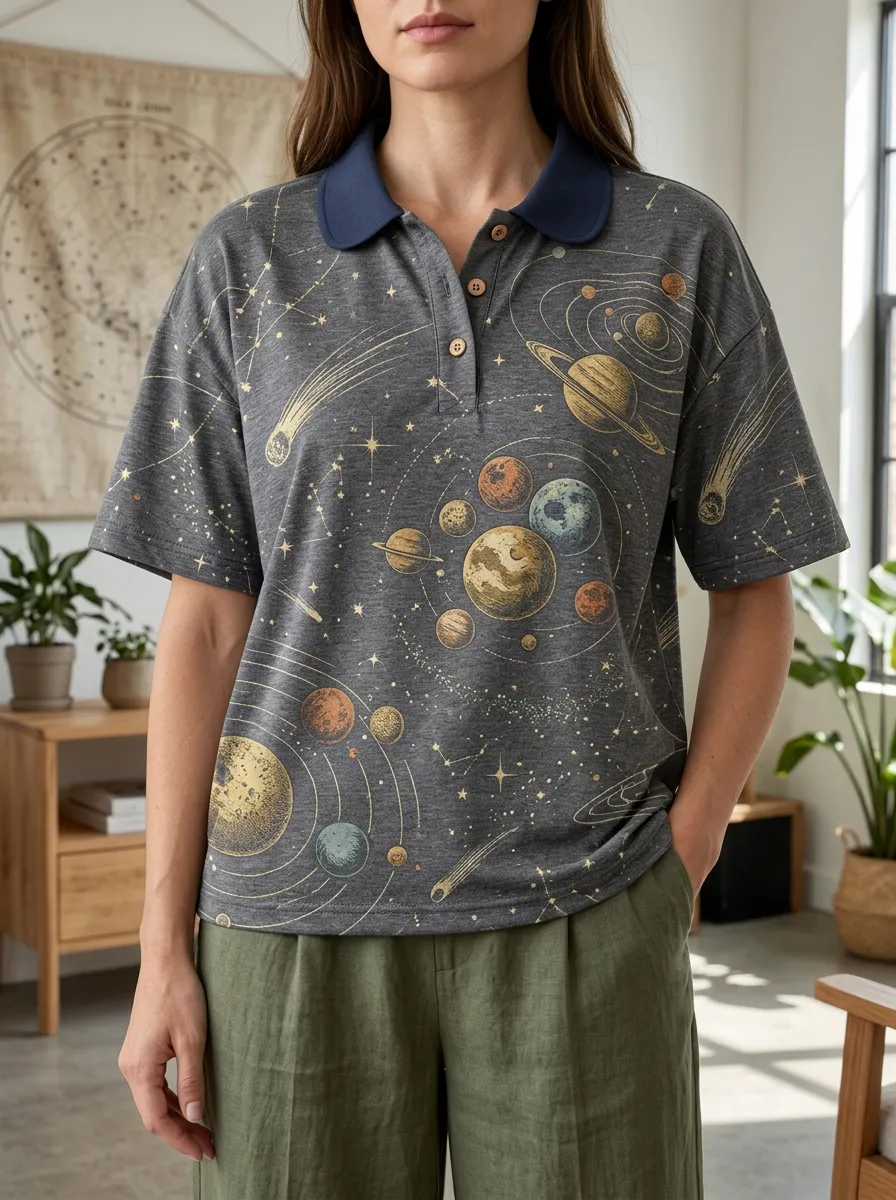 Women's Graphic Astronomy Lover Solar System Polo Shirt