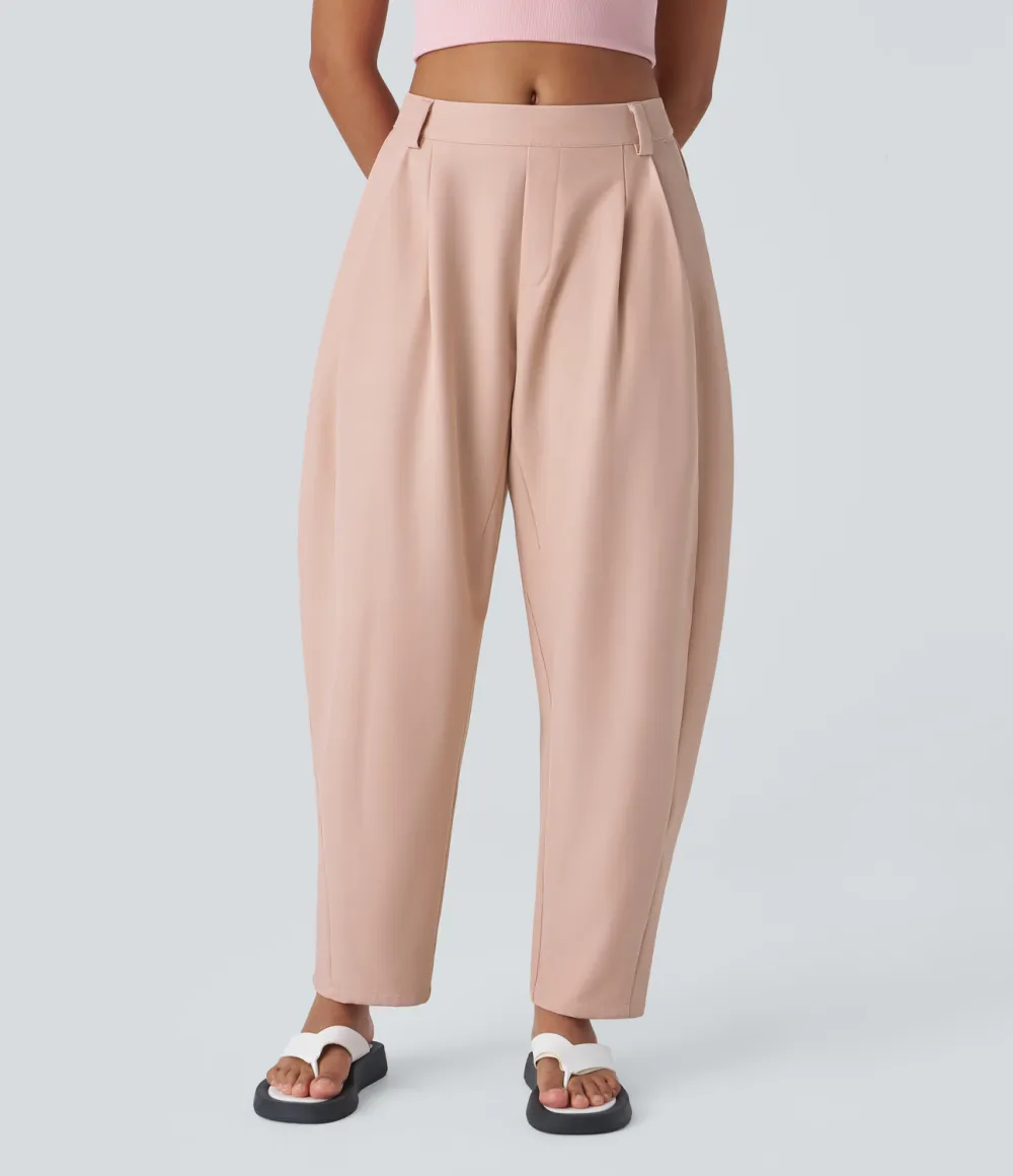 Mid Rise Plicated Side Pocket Barrel Leg Work Pants