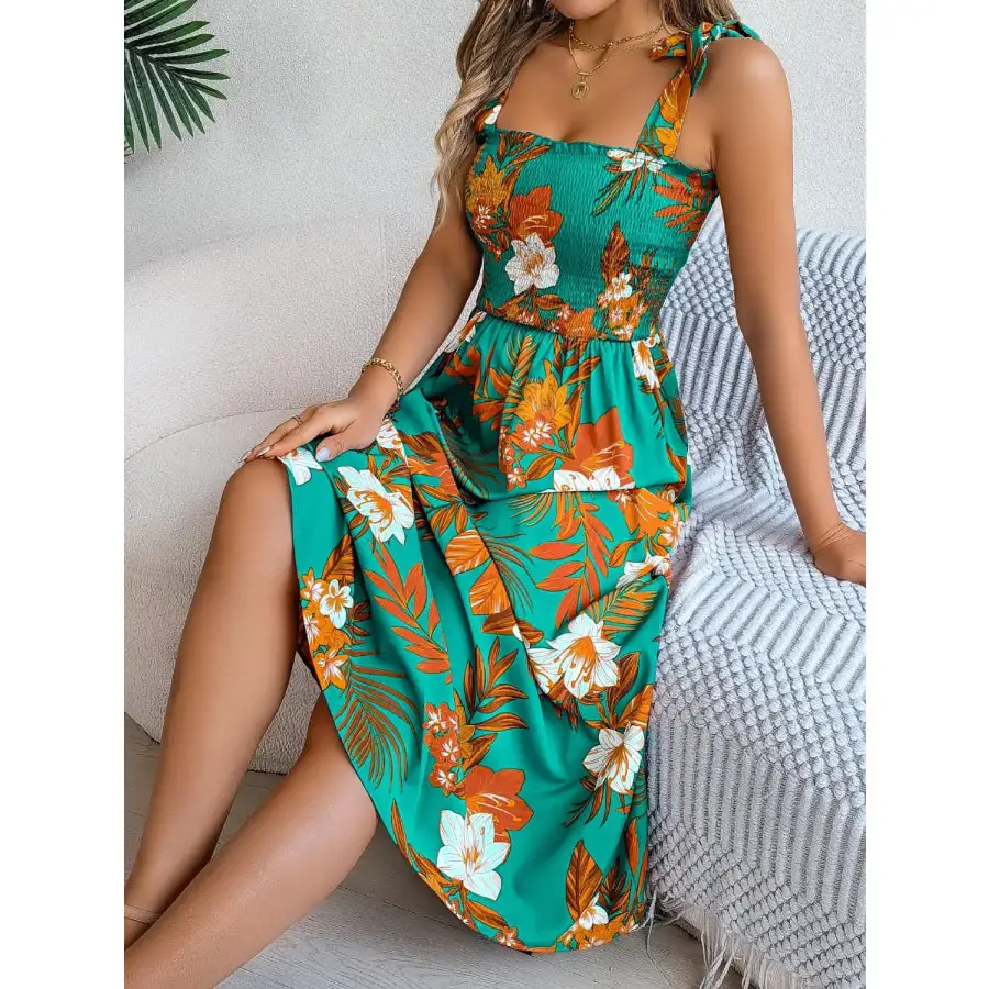 Smocked Tie Shoulder Midi Dress