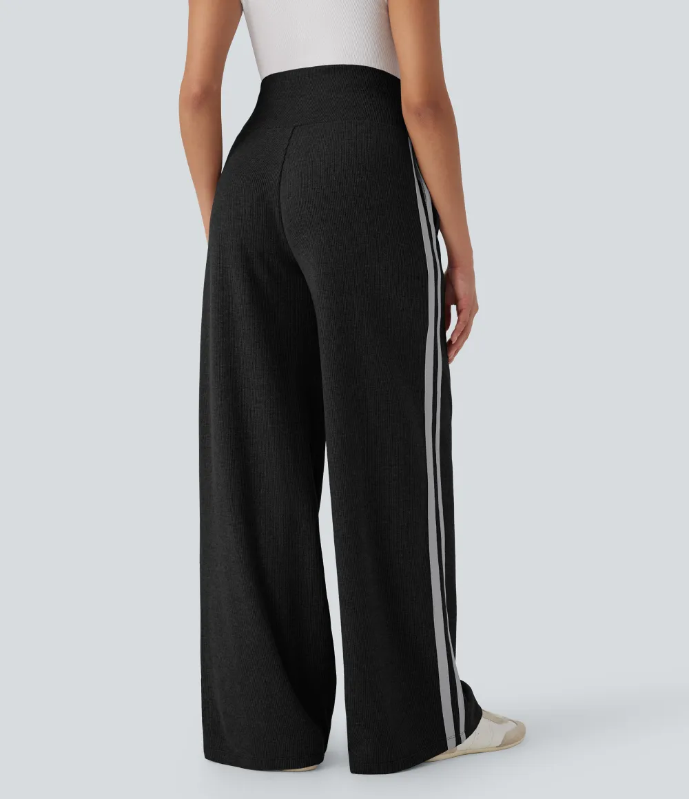 2026🔥  Ribbed SoCinched High Waisted Tummy Control Drawstring Wide Leg Color Block Casual Trousers with Pockets
