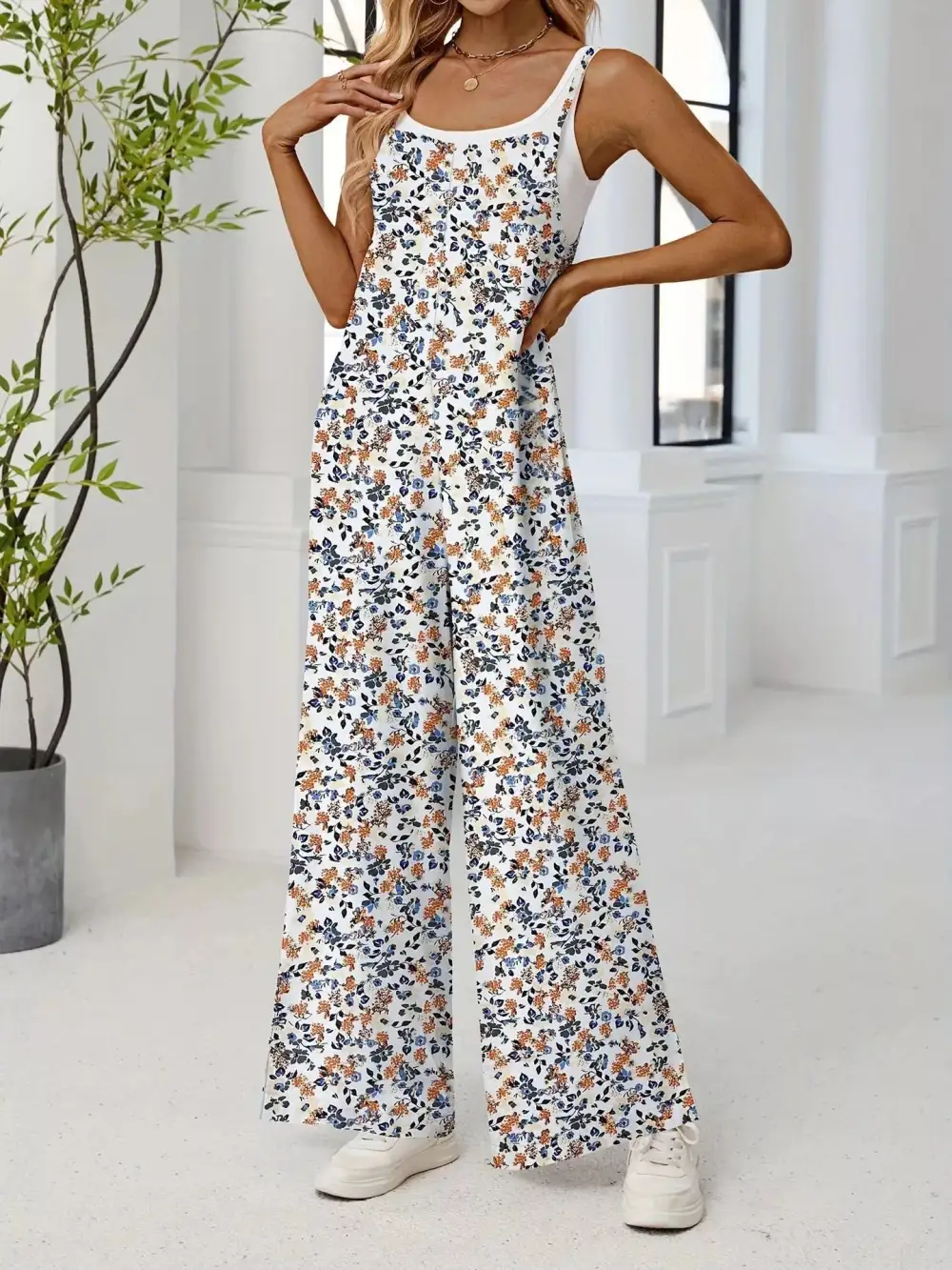 Plus Size Floral Print Wide Leg Jumpsuit