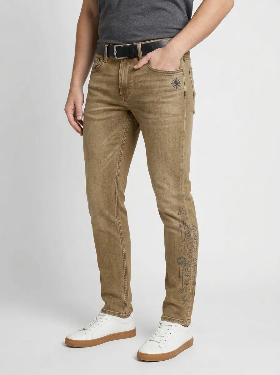 Men's Compass Gear Pattern Printed Slim-Fit Jeans