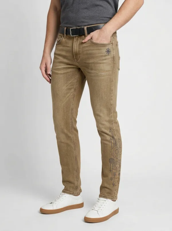Men's Compass Gear Pattern Printed Slim-Fit Jeans