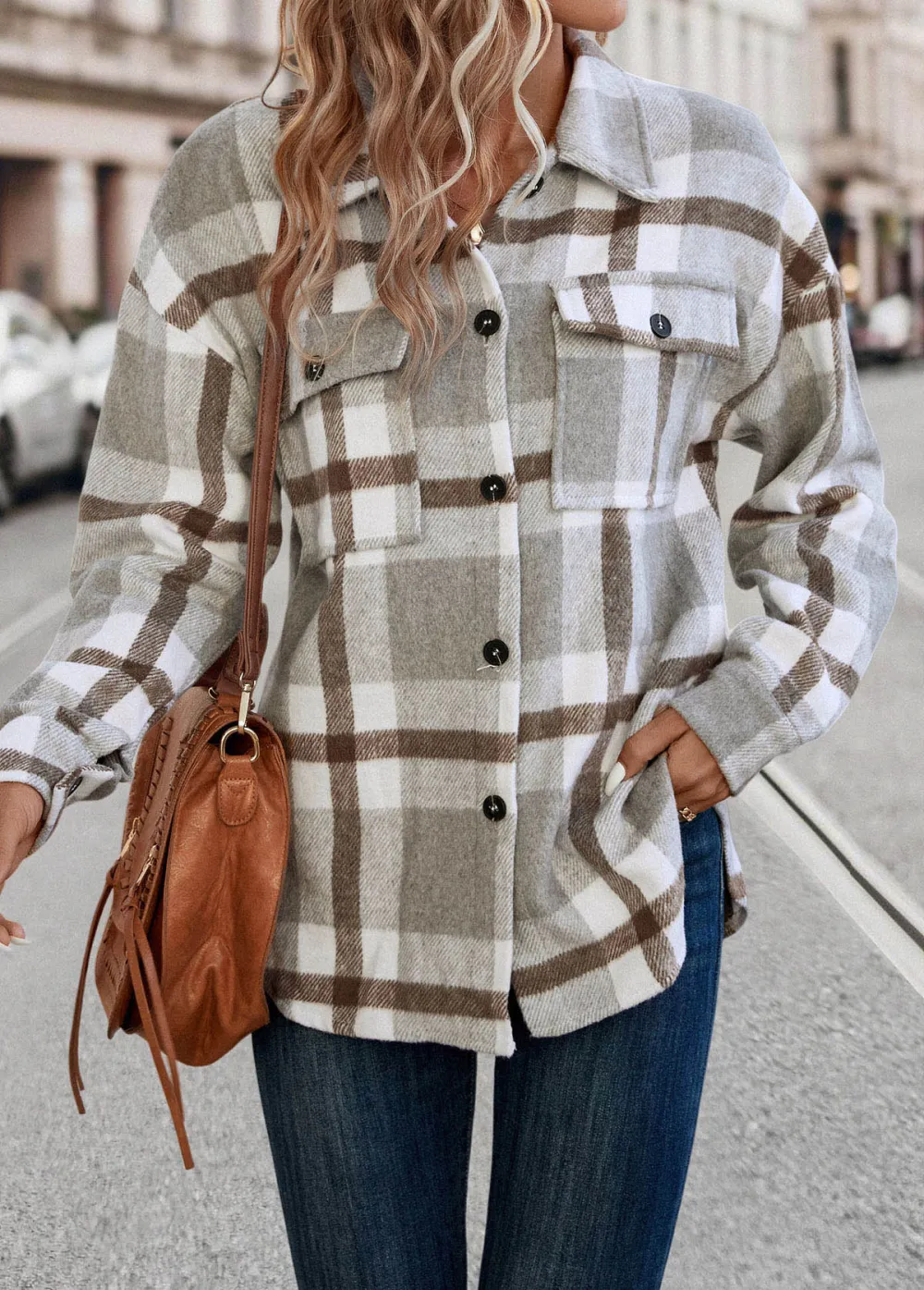 Light Grey Pocket Plaid Long Sleeve Shirt Collar Coat