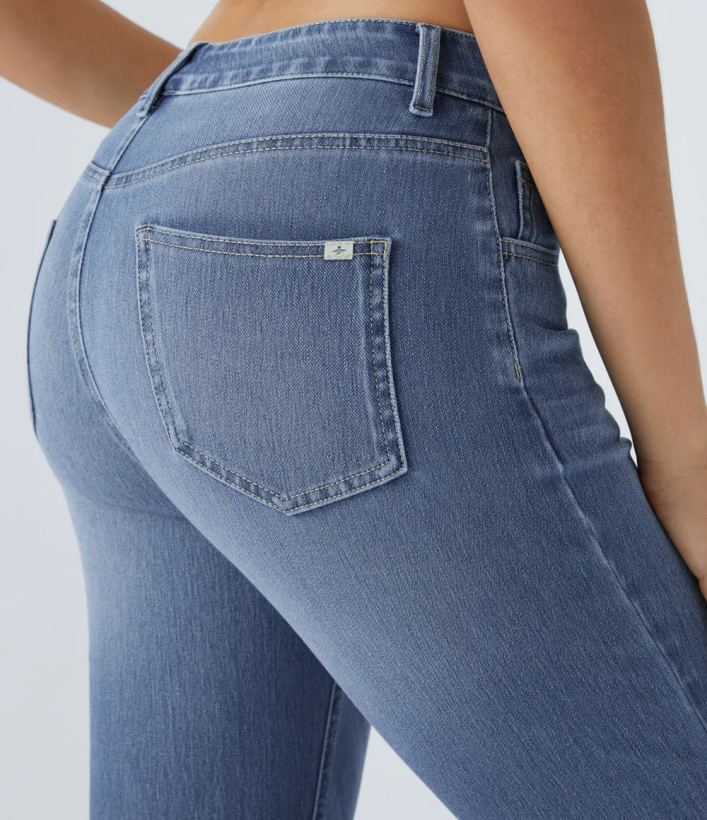 Magic High Waisted Multiple Pockets Washed Stretchy Knit Casual Bootcut Jeans