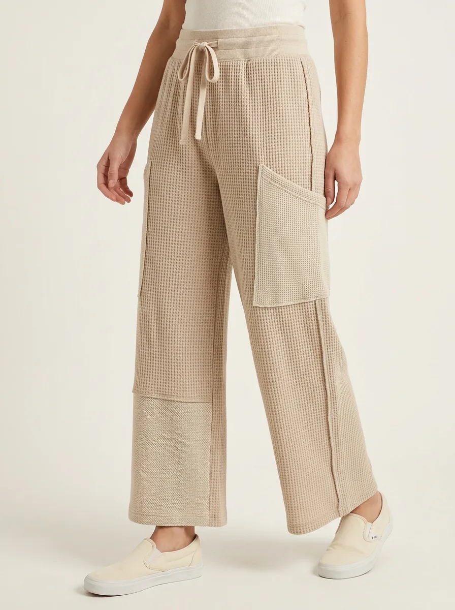 Women's Casual Waffle Knit Beige Drawstring Pocket Pants