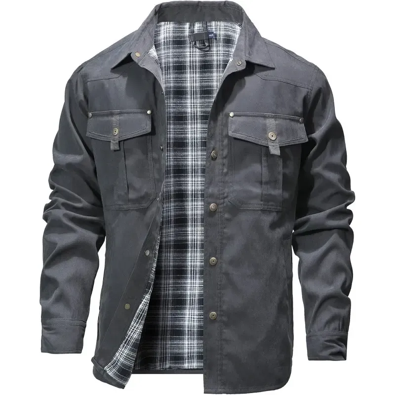 Men's Classic Casual Plaid Flannel-Lined Shirt Jacket – Twill Fabric
