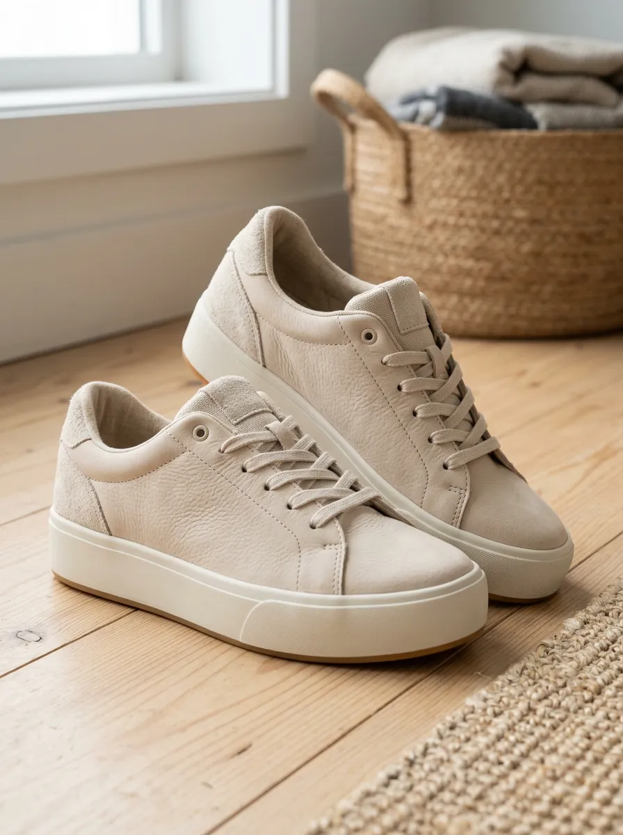 Women's Minimalist Beige Leather Platform Sneakers