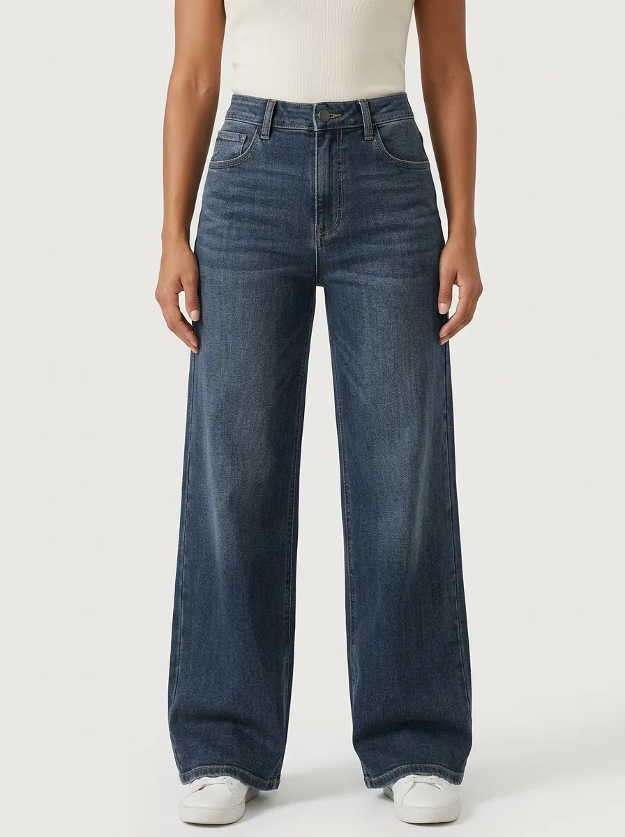 Women's Contrast-Stitch Whiskered Wide-Leg Stretch Jeans
