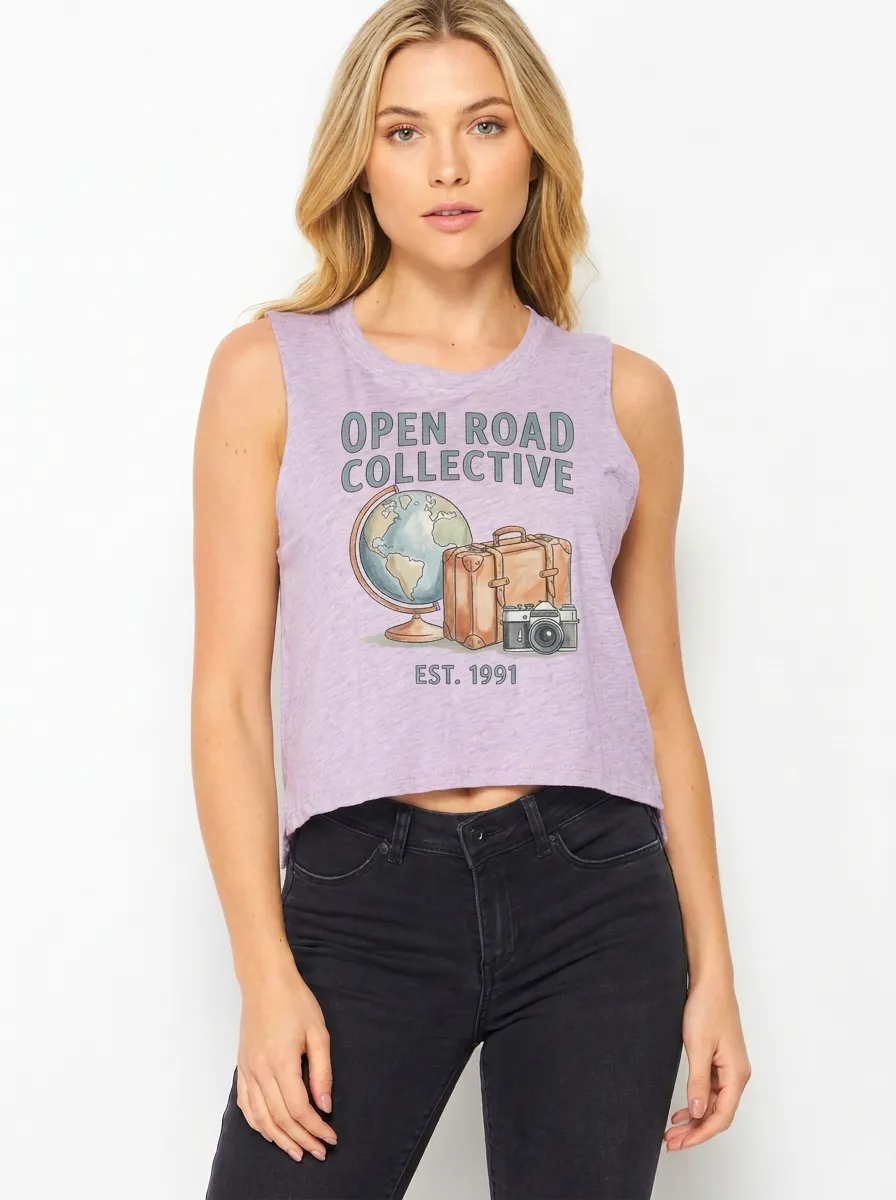 Women's Travel Globe Camera Suitcase Graphic Tank Top