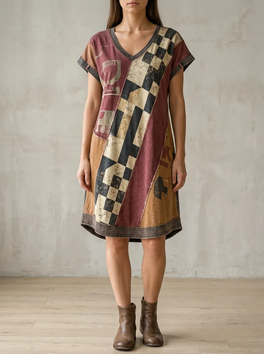 Women's Vintage Style Geometric Checkered Patchwork Printed Dress
