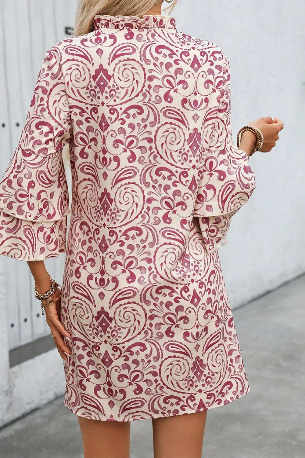 Paisley Print Tiered Sleeve Notched Neck Mini Dress