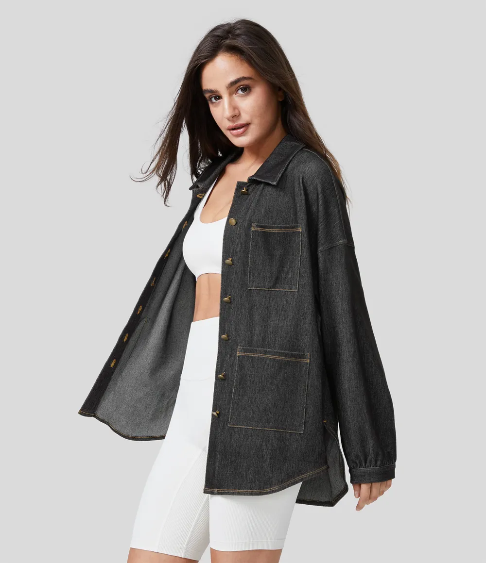 Magic Collared Multiple Pockets Button Front Split Curved Hem Stretchy Knit Denim Work Oversize Jacket