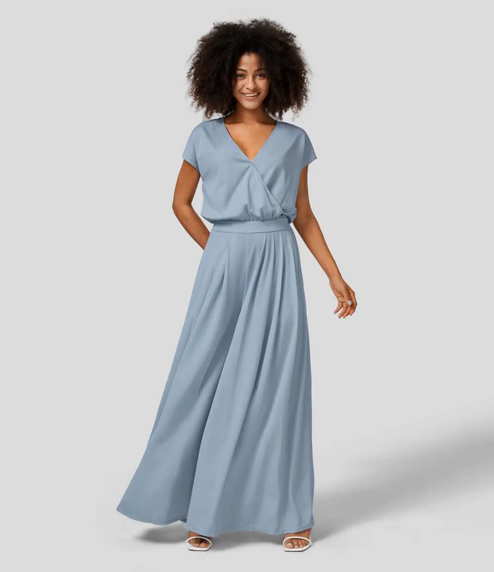 V Neck Short Sleeve Plicated Side Pocket Wide Leg Flowy Waffle Casual Jumpsuit