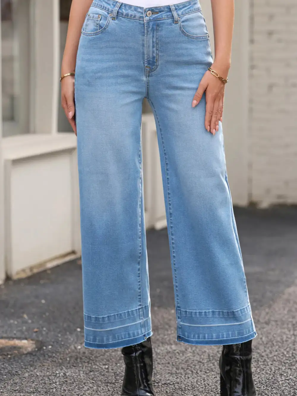 Versatile High Waist Wide Leg Washed Denim Jeans