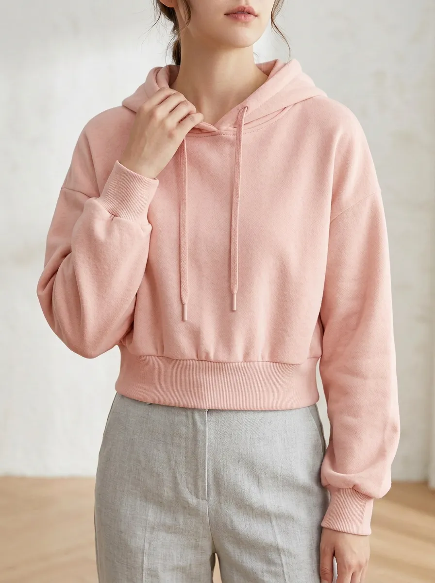 Women's Casual Minimalist Solid Beige Plain Cropped Hoodie