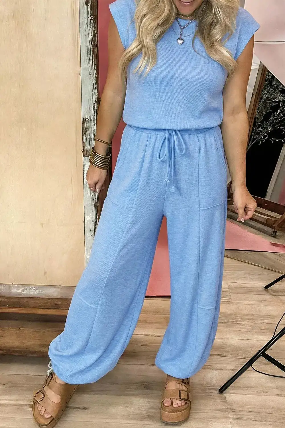 Cap Sleeve Matching Top and Jogger Pants Set