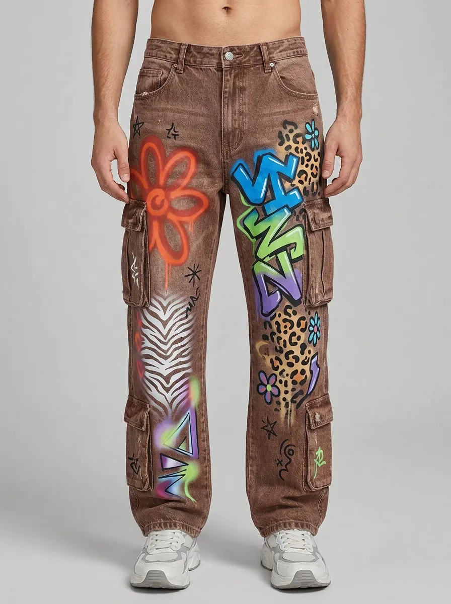 Men's Streetwear Graffiti Animal Print Graphic Cargo Jeans