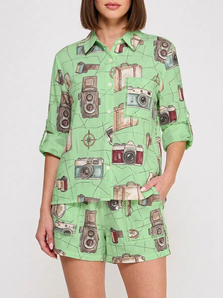 Women's Travel Photographer Vintage Camera Printed Shirt