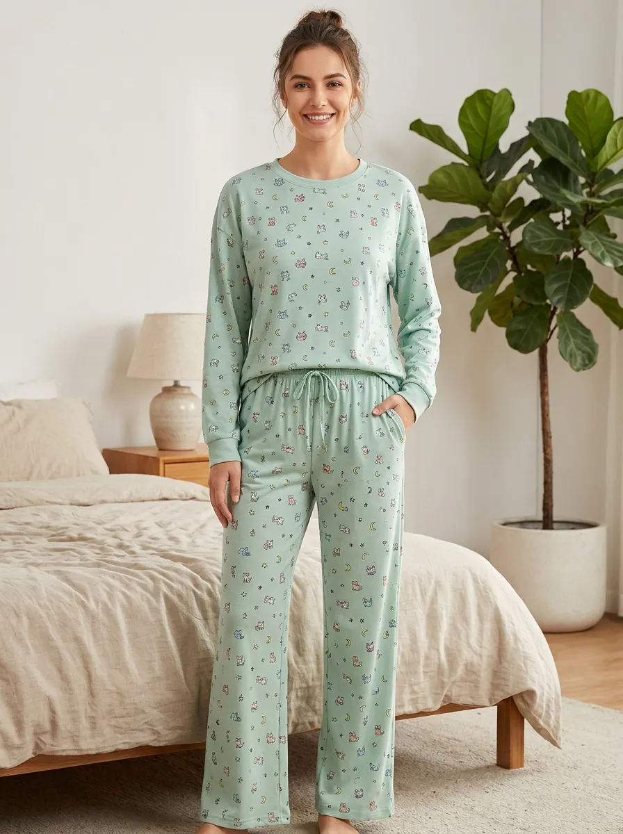 Women's Cat and Moon Loungewear Set with Wide-Leg Pants